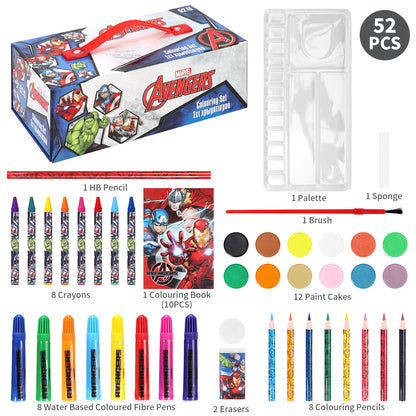 Avengers 52pc Kids Colouring Art Stationery Set with Watercolour Felt Tip Pens Crayons and Pencils Travel Set for Children
