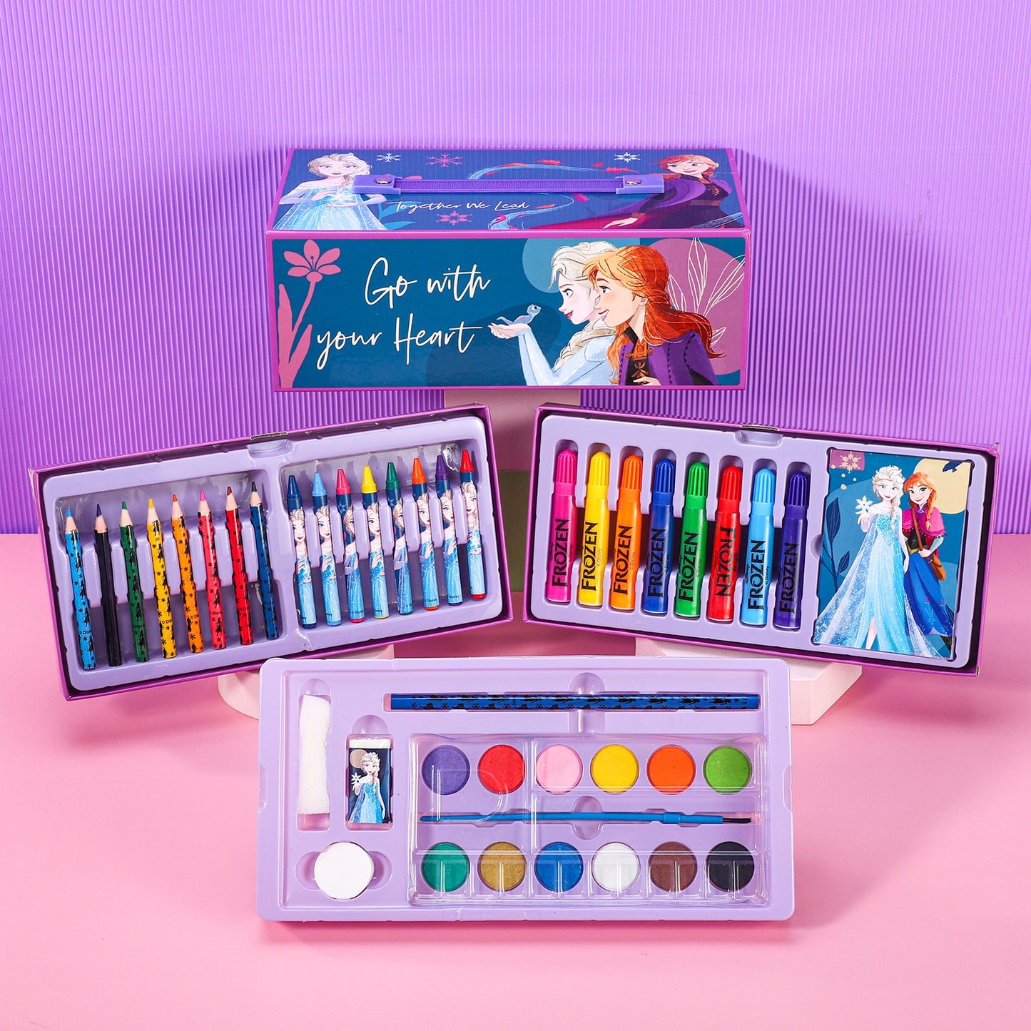 Frozen 52pc Kids Colouring Art Stationery Set with Watercolour Felt Tip Pens Crayons and Pencils Travel Set for Children