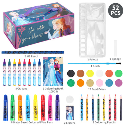 Frozen 52pc Kids Colouring Art Stationery Set with Watercolour Felt Tip Pens Crayons and Pencils Travel Set for Children