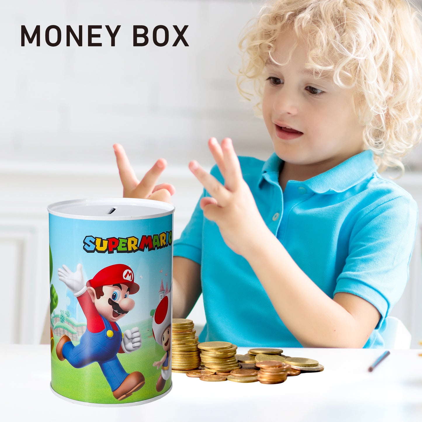 Super Mario Kids Money Piggy Bank Coin Saving Cash Tin Metal Box Boys Girls Multicolour