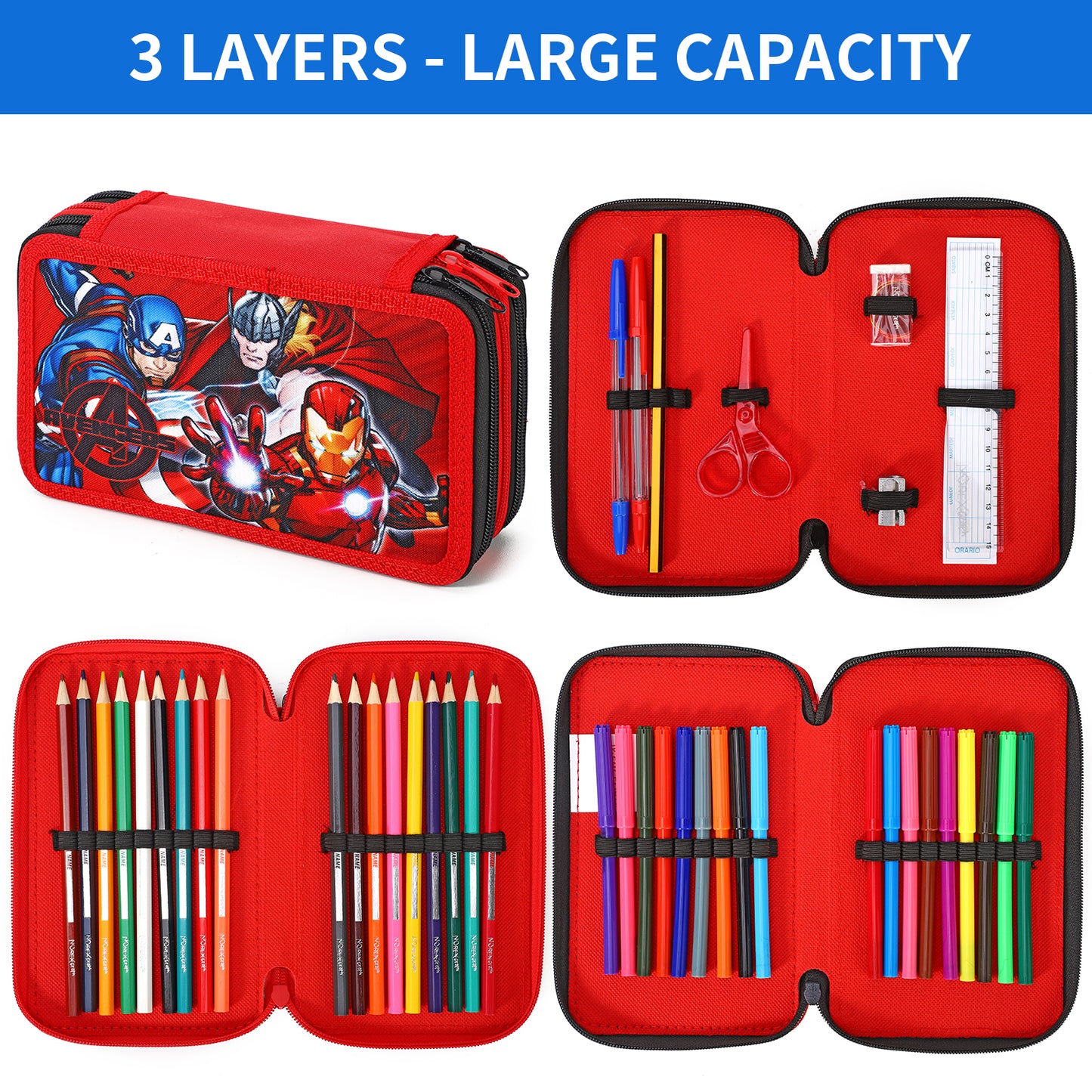 Marvel Avengers 3 Tier Large Pencil Case Multi Compartment School Supplies Stationery Colouring Pens Pencils Sets