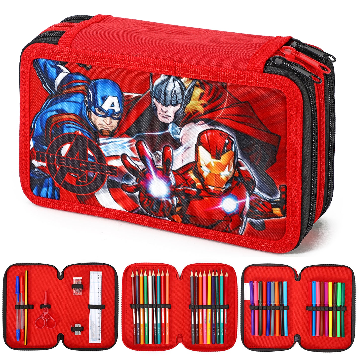 Marvel Avengers 3 Tier Large Pencil Case Multi Compartment School Supplies Stationery Colouring Pens Pencils Sets