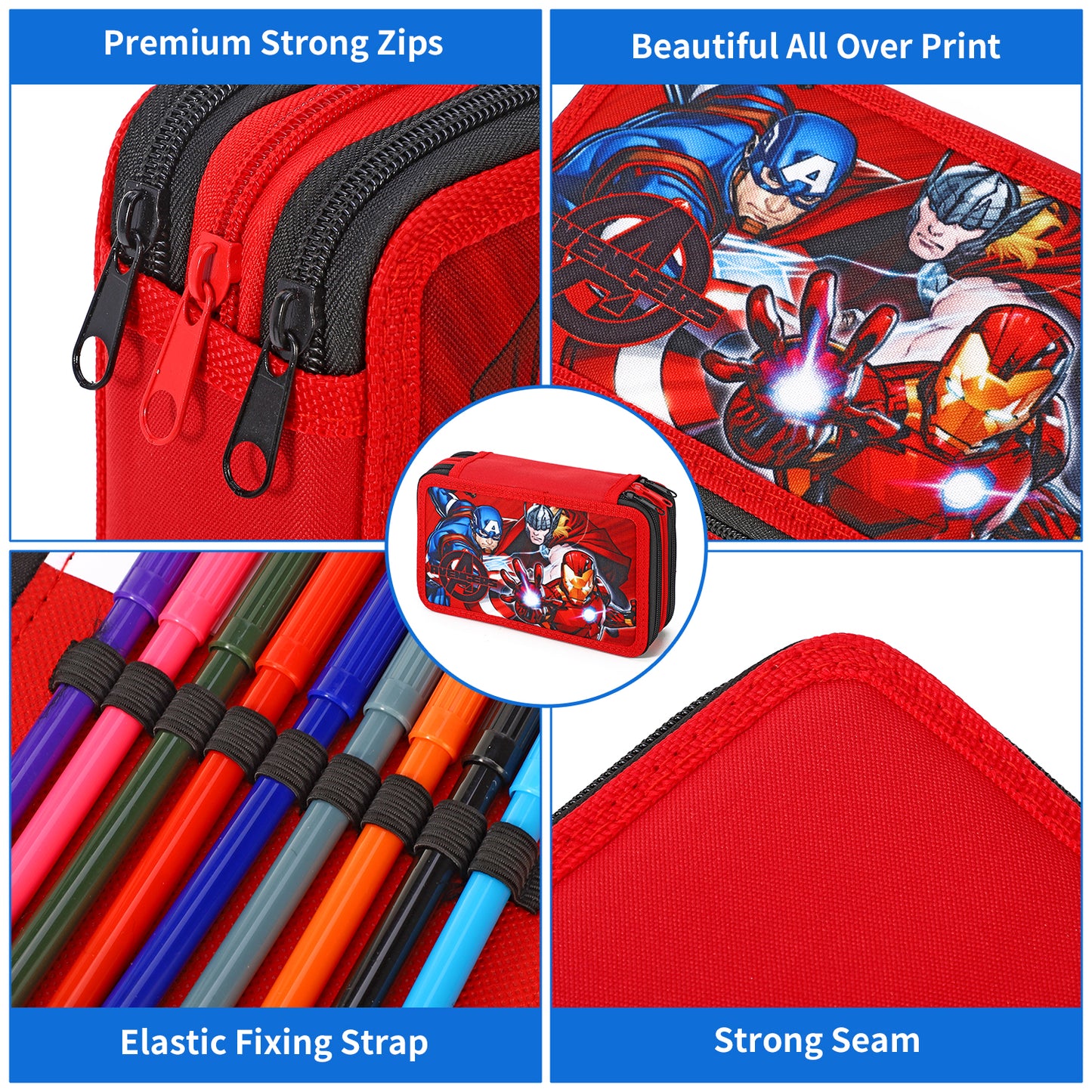 Marvel Avengers 3 Tier Large Pencil Case Multi Compartment School Supplies Stationery Colouring Pens Pencils Sets