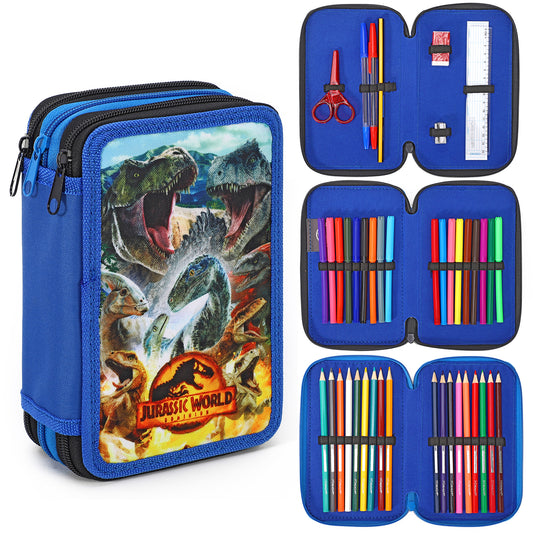 Jurassic World 3 Tier Large Pencil Case Multi Compartment School Supplies Stationery Colouring Pens Pencils Sets