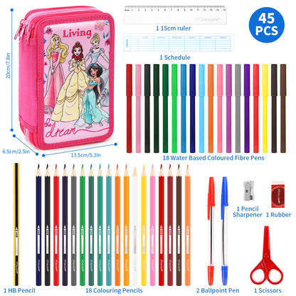 Disney Princess 3 Tier Large Pencil Case Multi Compartment School Supplies Stationery Colouring Pens Pencils Sets