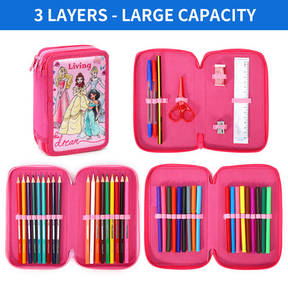 Disney Princess 3 Tier Large Pencil Case Multi Compartment School Supplies Stationery Colouring Pens Pencils Sets