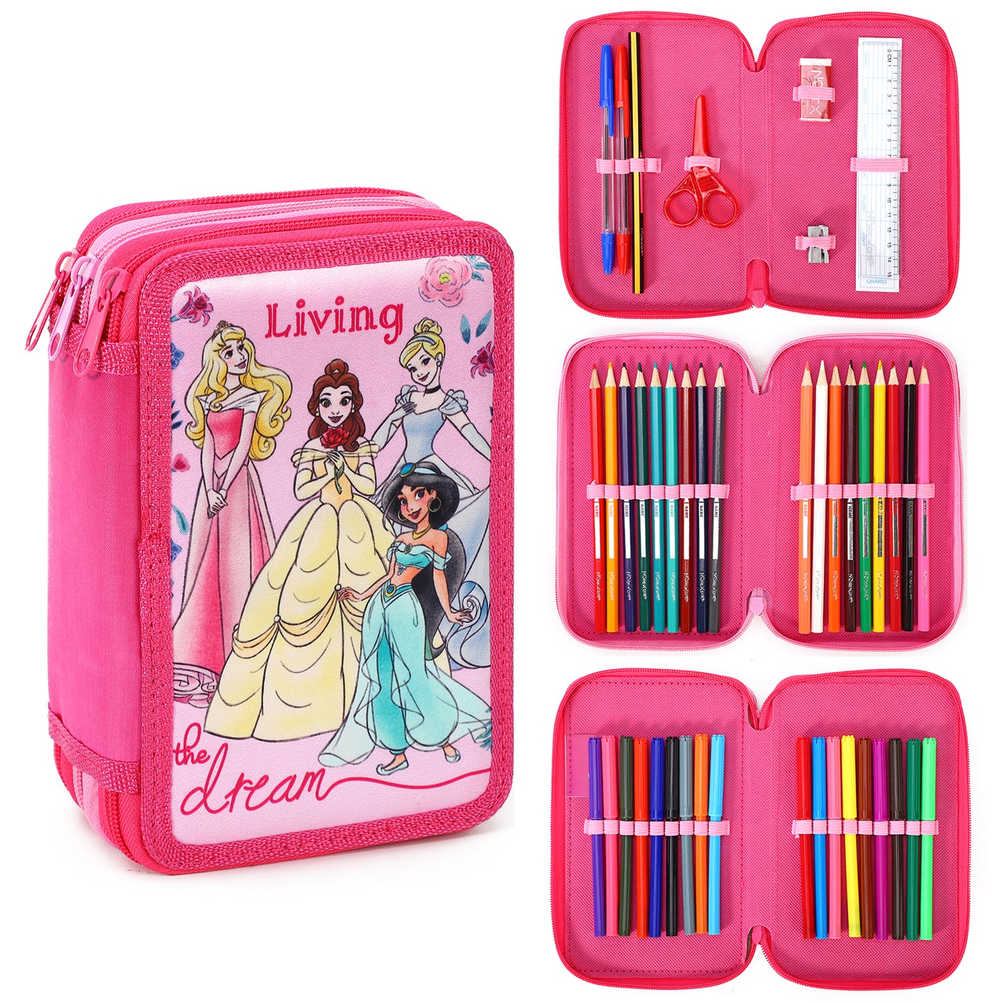 Disney Princess 3 Tier Large Pencil Case Multi Compartment School Supplies Stationery Colouring Pens Pencils Sets