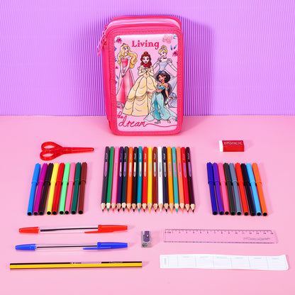 Disney Princess 3 Tier Large Pencil Case Multi Compartment School Supplies Stationery Colouring Pens Pencils Sets