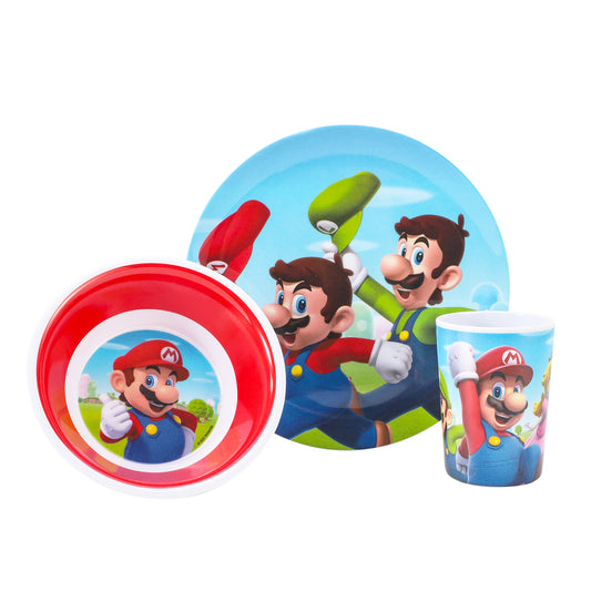 Super Mario 3 Pcs Melamine Set W/O Rim (Plate, Bowl & Tumbler 260 Ml), BPA free