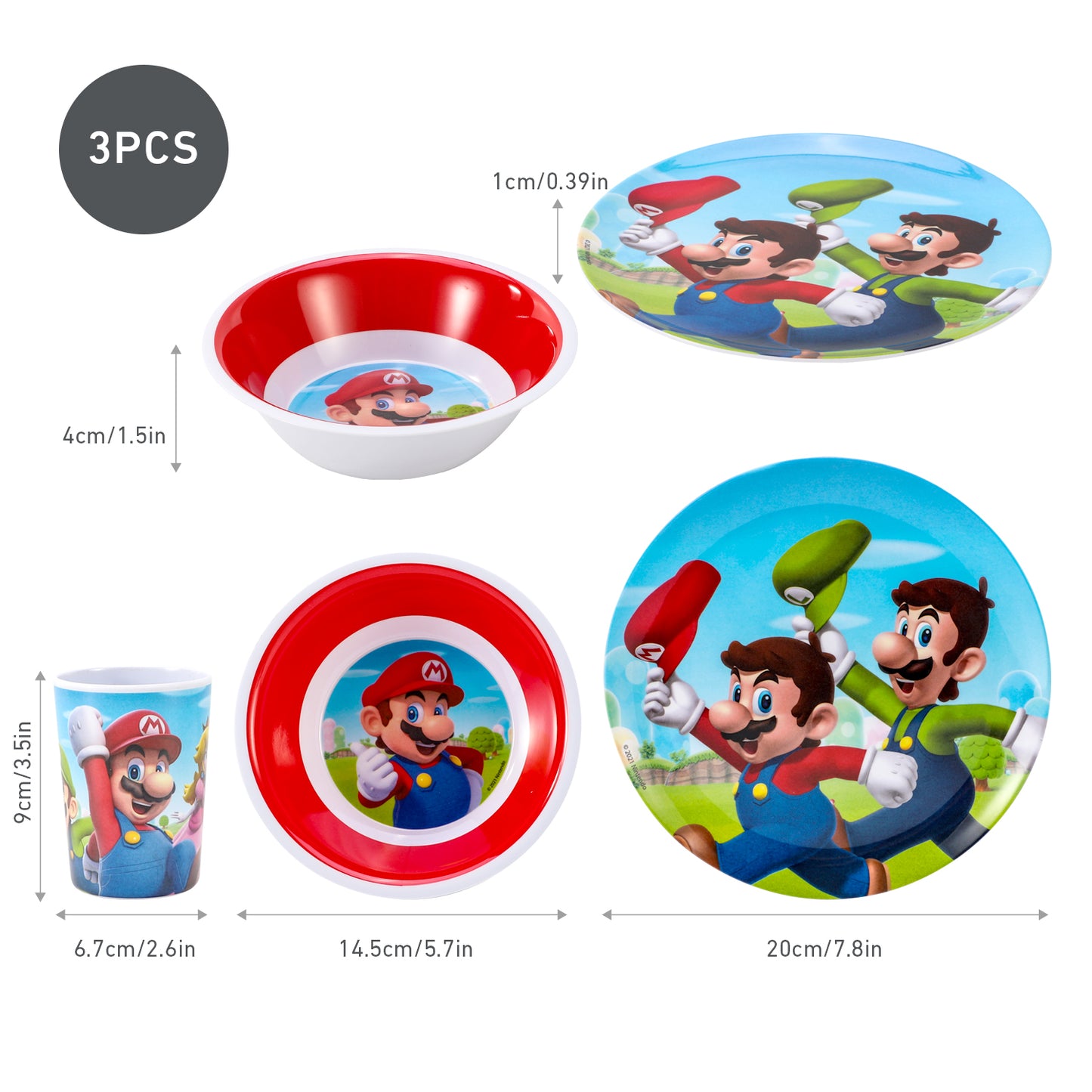 Super Mario 3 Pcs Melamine Set W/O Rim (Plate, Bowl & Tumbler 260 Ml), BPA free