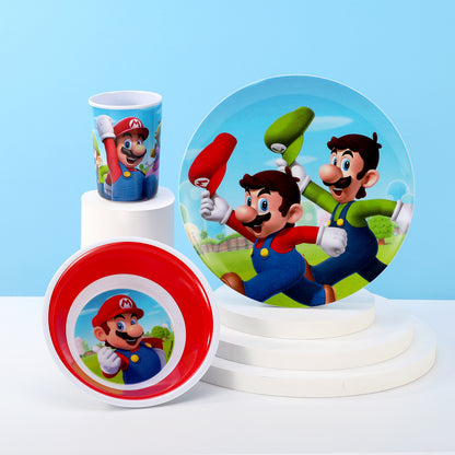 Super Mario 3 Pcs Melamine Set W/O Rim (Plate, Bowl & Tumbler 260 Ml), BPA free