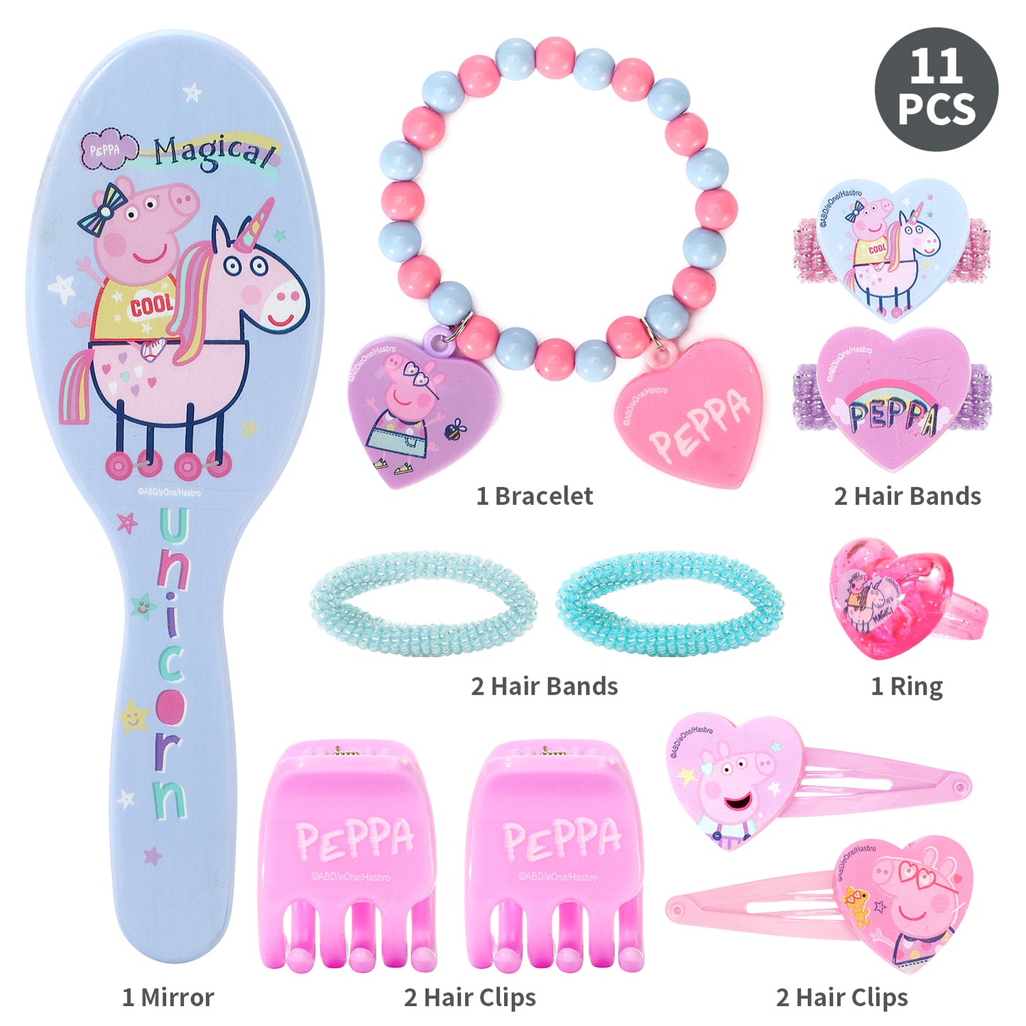 Peppa Pig 11pcs Girls Kids Hair Accessories Clips Comb Bands and Beauty Set