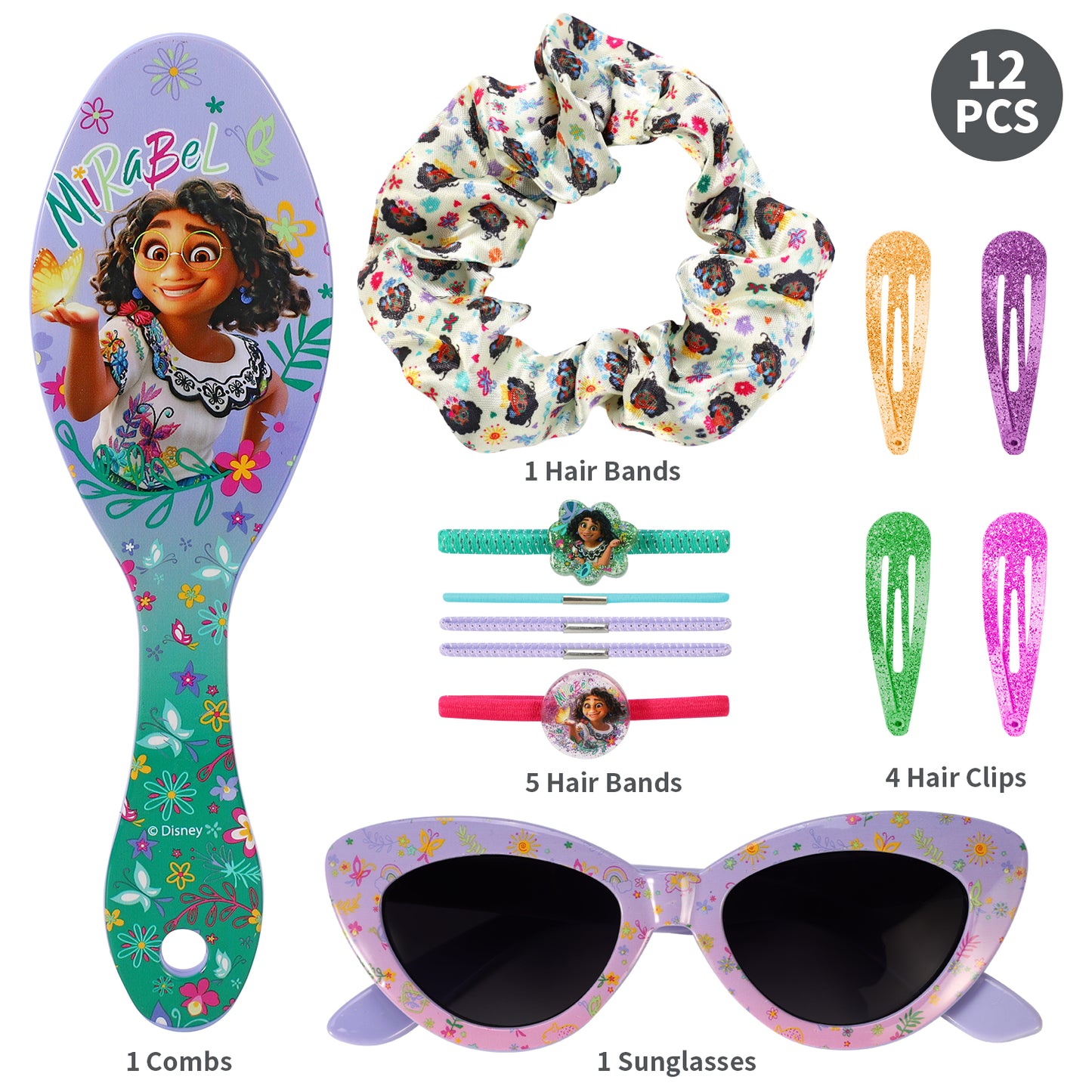 Encanto 12pc Girls Kids Sunglasses Hair Accessories Comb Clips Bands Beauty Set with Carry Case