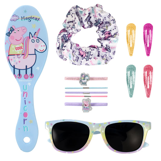 Peppa Pig 12pc Girls Kids Sunglasses Hair Accessories Comb Clips Bands Beauty Set with Carry Case