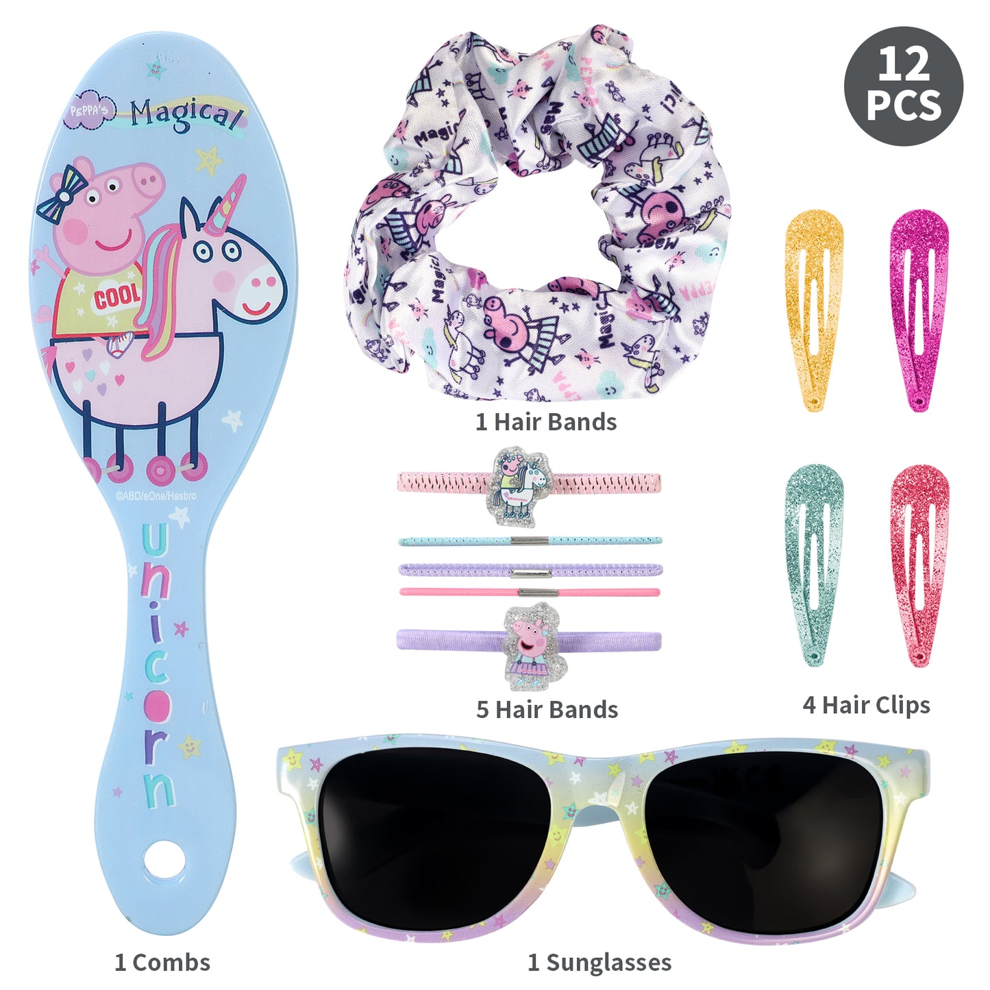 Peppa Pig 12pc Girls Kids Sunglasses Hair Accessories Comb Clips Bands Beauty Set with Carry Case