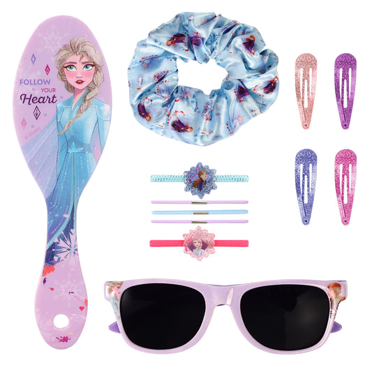 Disney Frozen 12pc Girls Kids Sunglasses Hair Accessories Comb Clips Bands Beauty Set with Carry Case