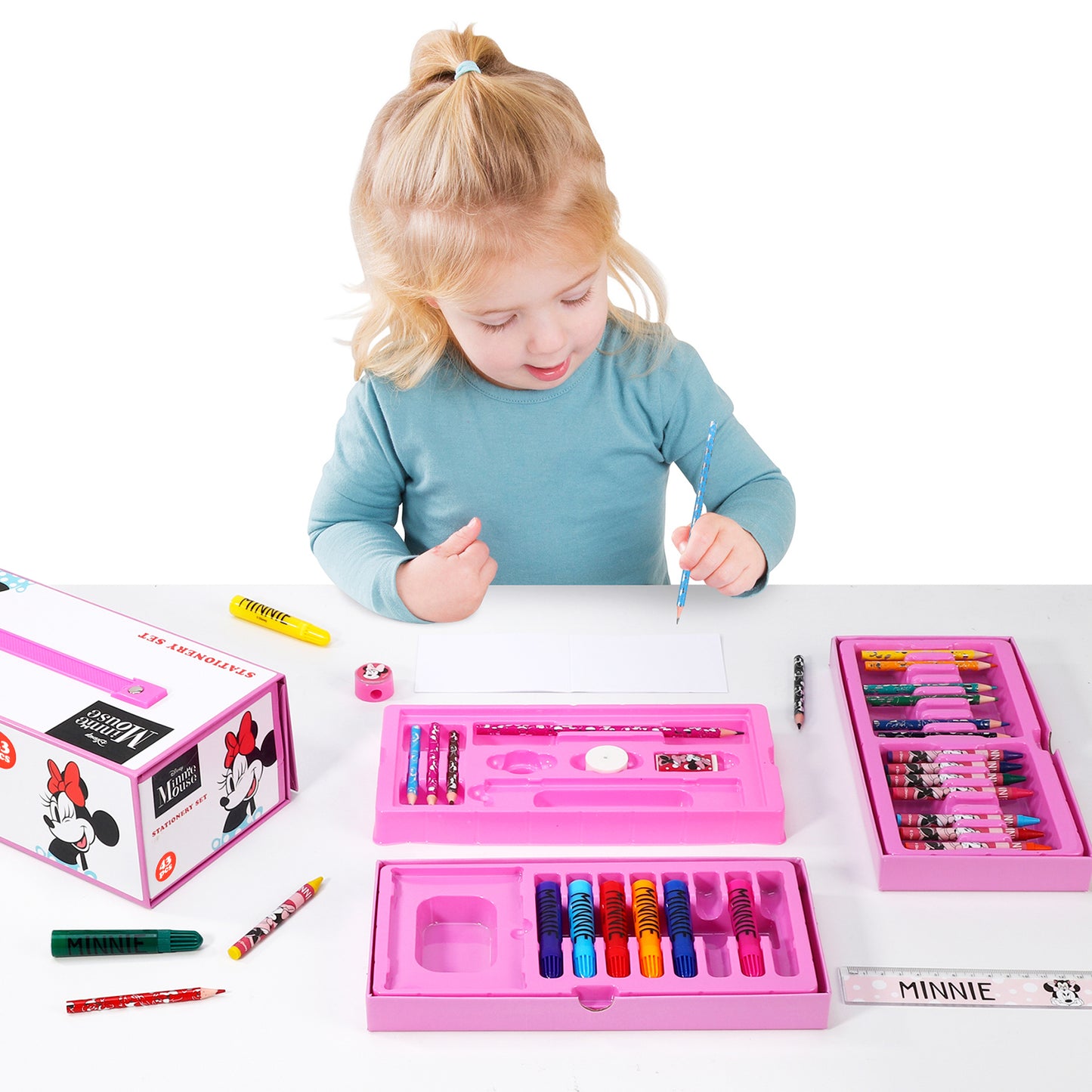 Minnie Mouse 34pc Kids Colouring Art Stationery Set with Watercolour Felt Tip Pens Crayons and Pencils Travel Set for Children