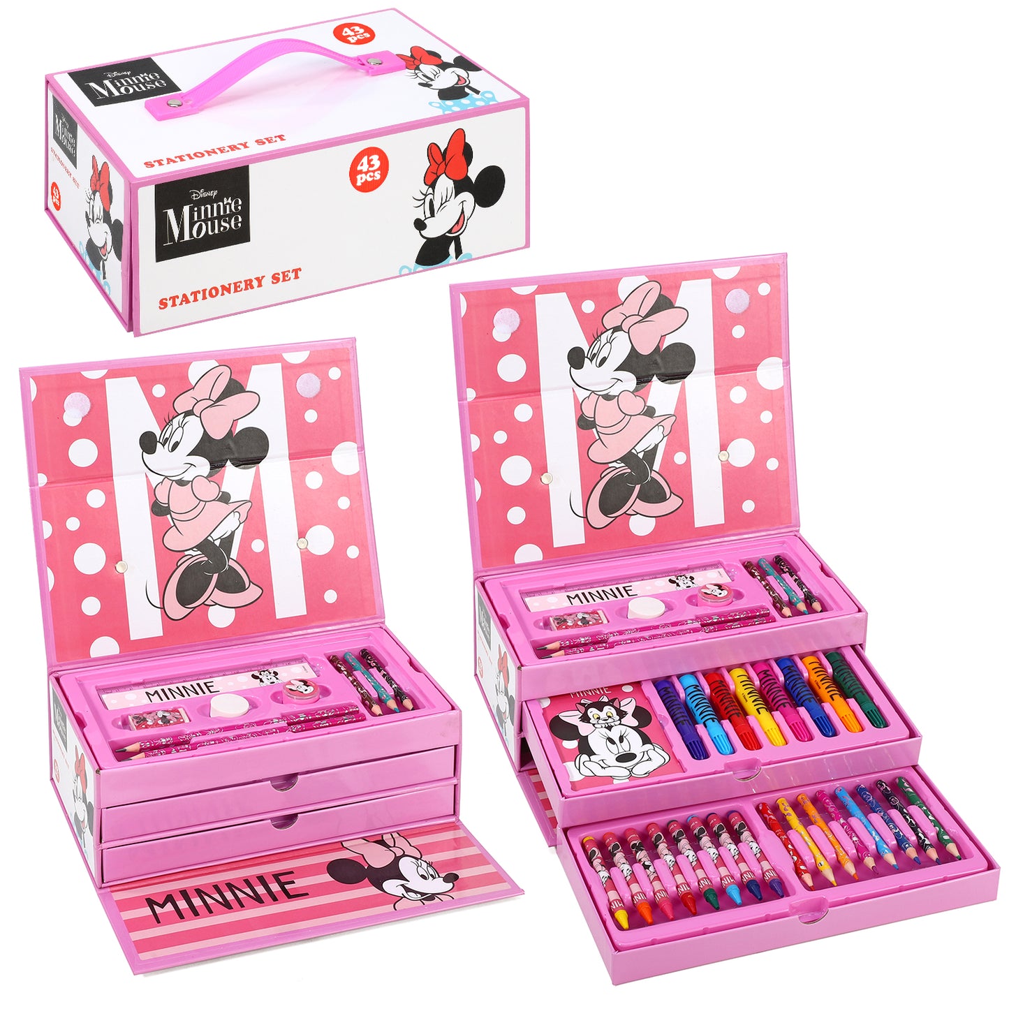 Minnie Mouse 34pc Kids Colouring Art Stationery Set with Watercolour Felt Tip Pens Crayons and Pencils Travel Set for Children