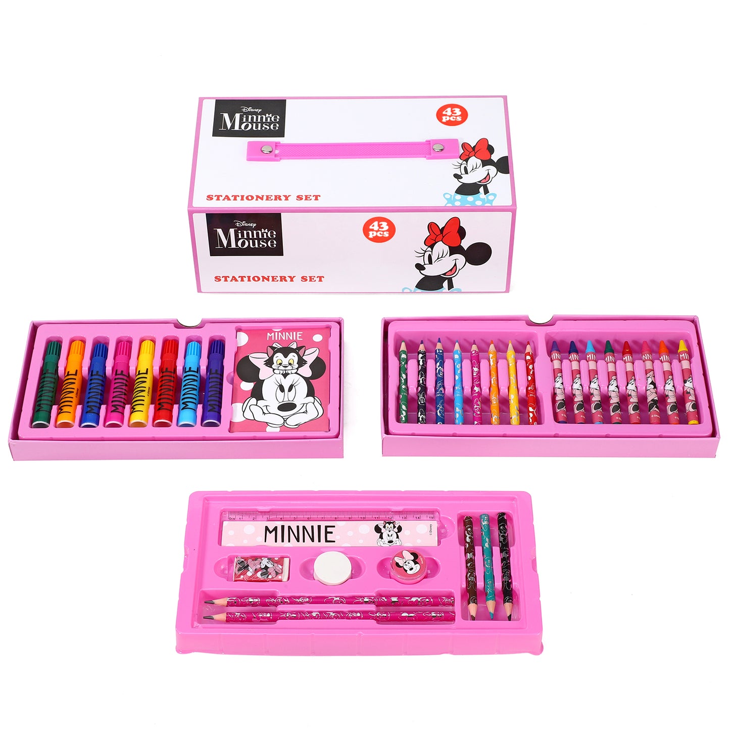 Minnie Mouse 34pc Kids Colouring Art Stationery Set with Watercolour Felt Tip Pens Crayons and Pencils Travel Set for Children