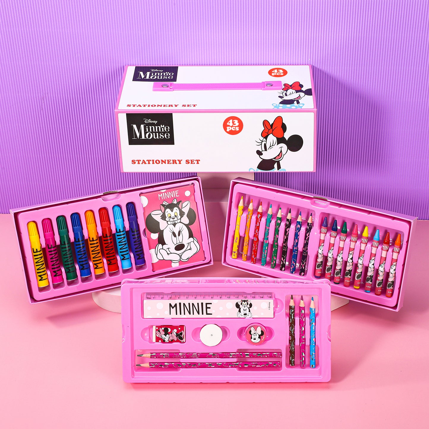 Minnie Mouse 34pc Kids Colouring Art Stationery Set with Watercolour Felt Tip Pens Crayons and Pencils Travel Set for Children