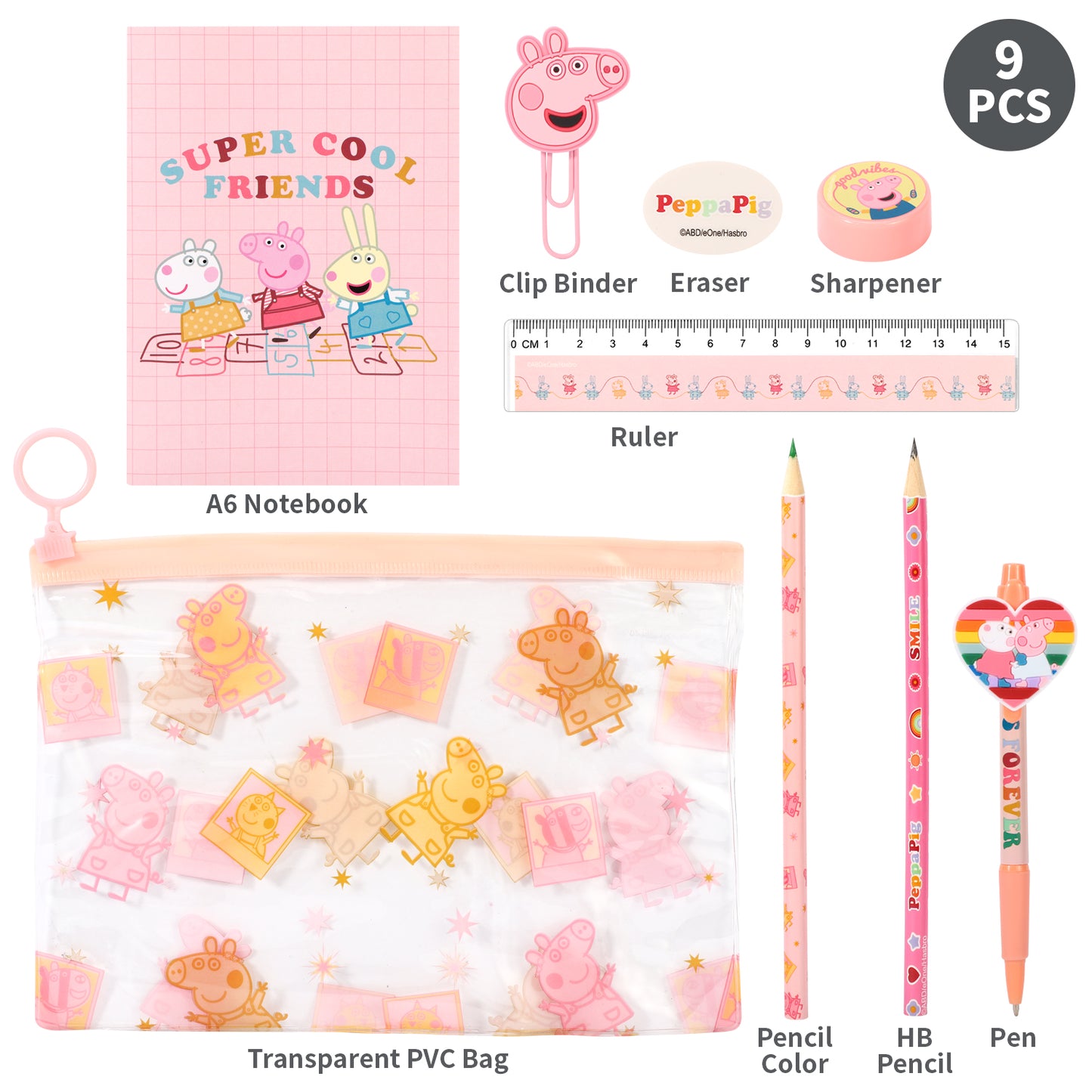 Peppa Pig 9pcs Transparent Filled Pencil Case Stationery Set Waterproof Boys Girls Kids Children School Travel Exam