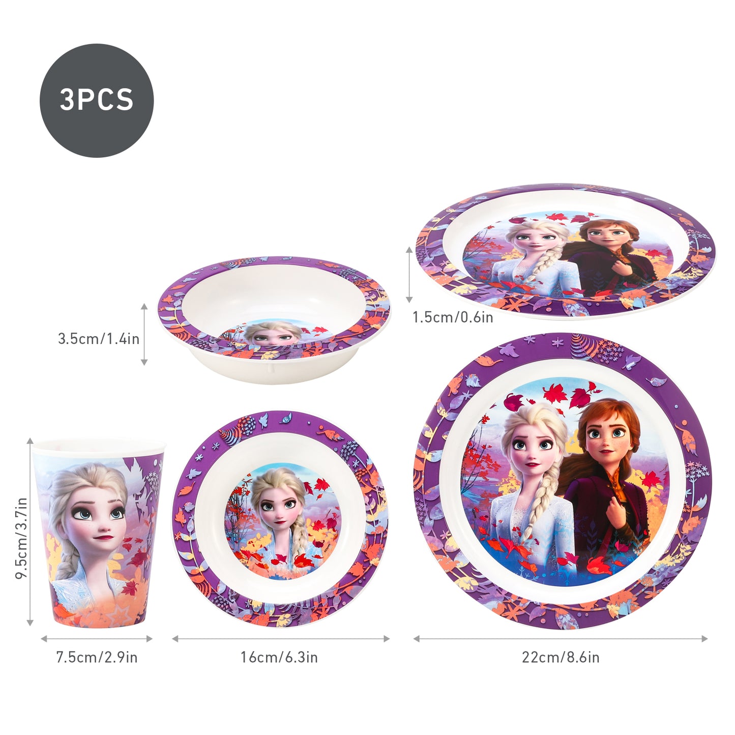 Frozen 3pcs Premium, Bicolour Kids Dinner Tableware Set Plate, Bowl & Tumbler, BPA Free