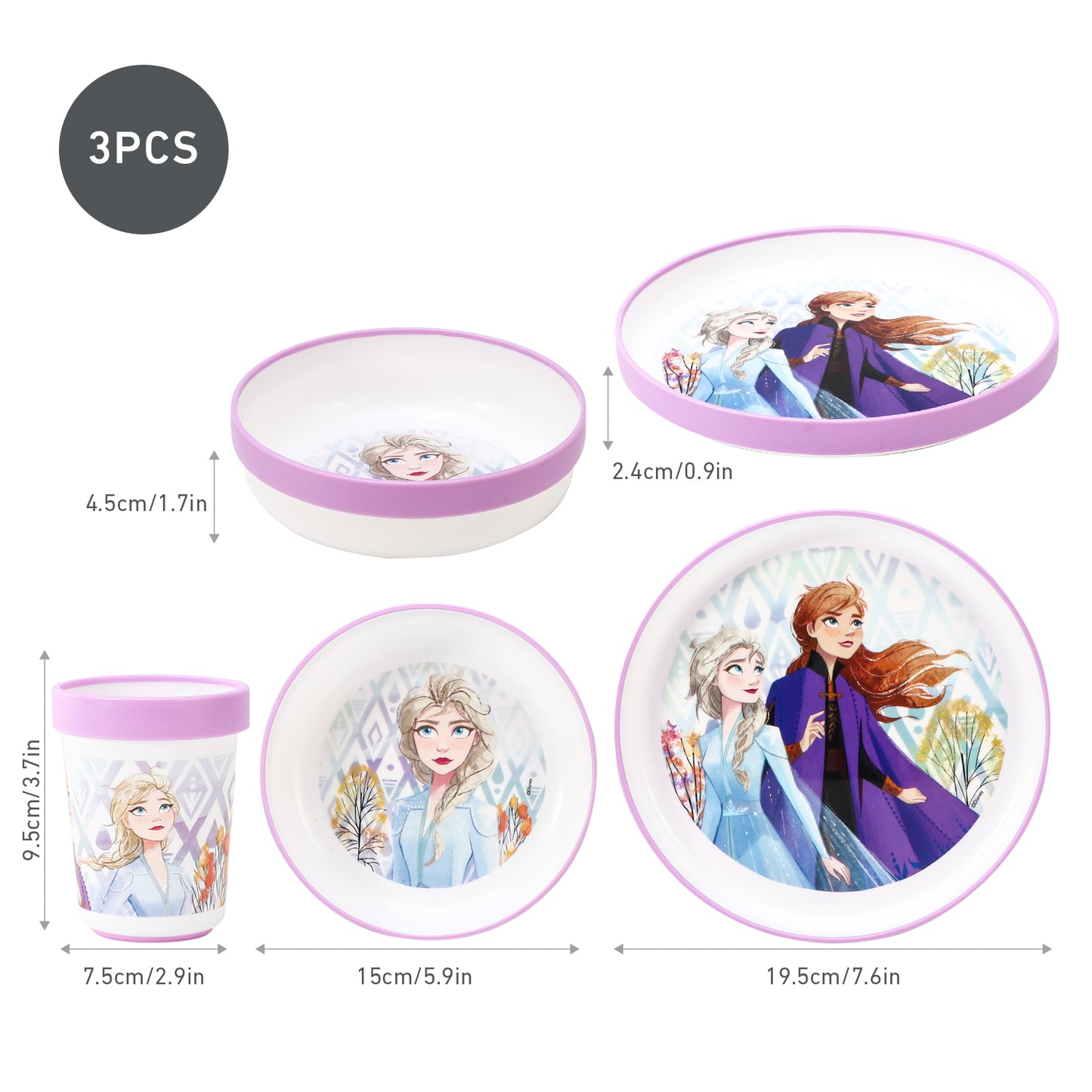 Frozen Anti-Slip 3pcs Bicolor Premium Kids Dinner Tableware Set Plate, Bowl & Tumbler, BPA Free