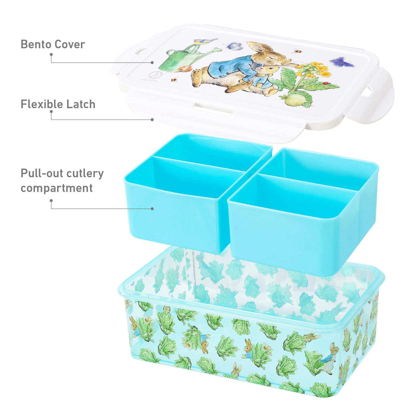 Peter Rabbit Kids Rectangular Lunch Bento Food Box Container with Removable Compartments 1200ml Leak Proof, BPA Free