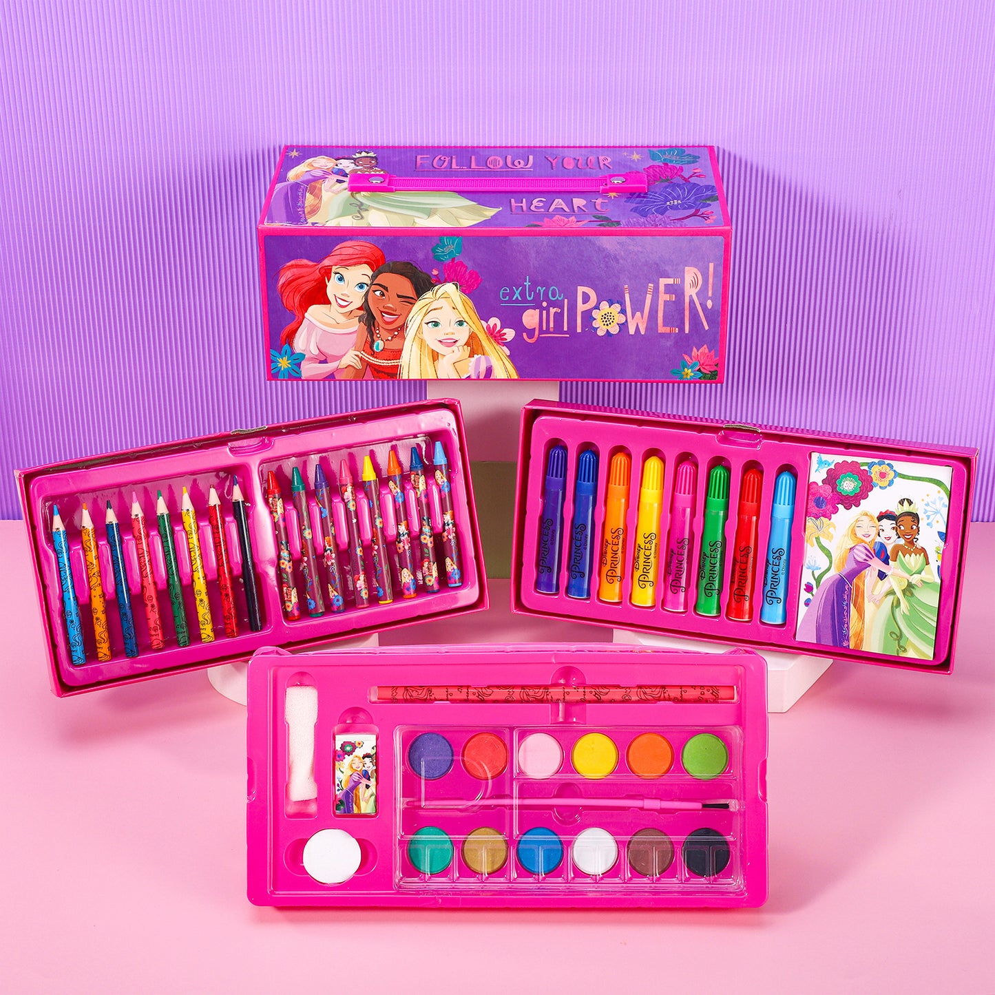 Disney Princess 52pc Kids Colouring Art Stationery Set with Watercolour Felt Tip Pens Crayons and Pencils Travel Set for Children