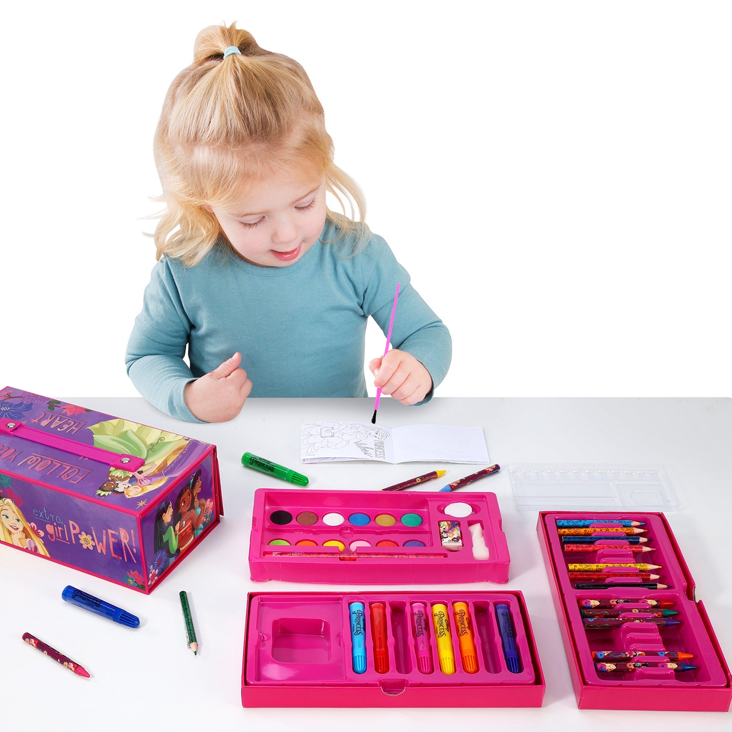 Disney Princess 52pc Kids Colouring Art Stationery Set with Watercolour Felt Tip Pens Crayons and Pencils Travel Set for Children