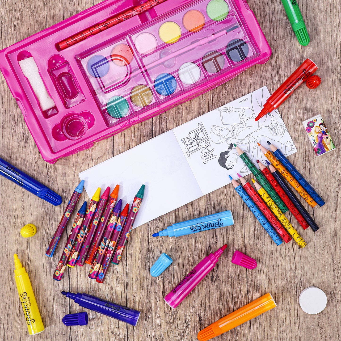 Disney Princess 52pc Kids Colouring Art Stationery Set with Watercolour Felt Tip Pens Crayons and Pencils Travel Set for Children