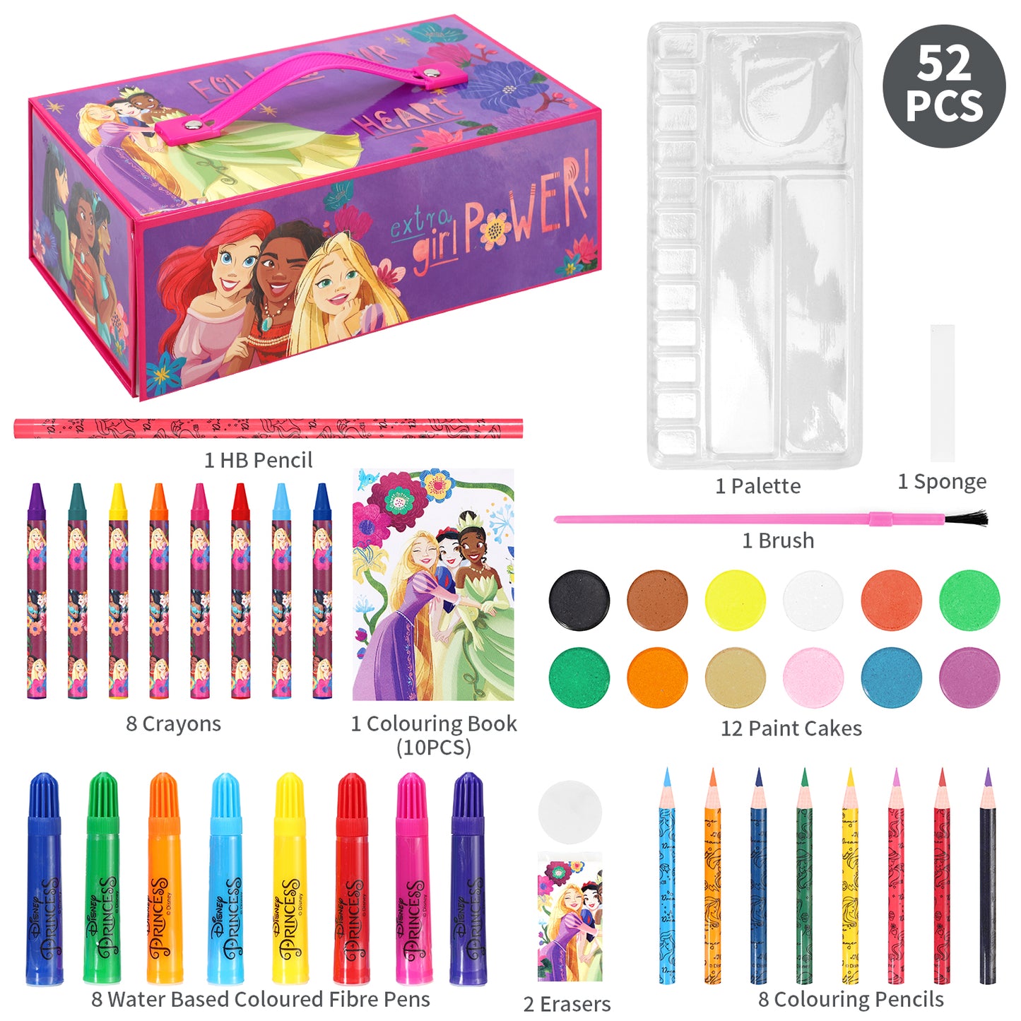 Disney Princess 52pc Kids Colouring Art Stationery Set with Watercolour Felt Tip Pens Crayons and Pencils Travel Set for Children