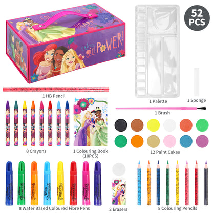 Disney Princess 52pc Kids Colouring Art Stationery Set with Watercolour Felt Tip Pens Crayons and Pencils Travel Set for Children