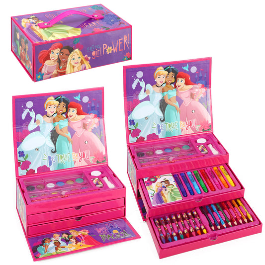 Disney Princess 52pc Kids Colouring Art Stationery Set with Watercolour Felt Tip Pens Crayons and Pencils Travel Set for Children