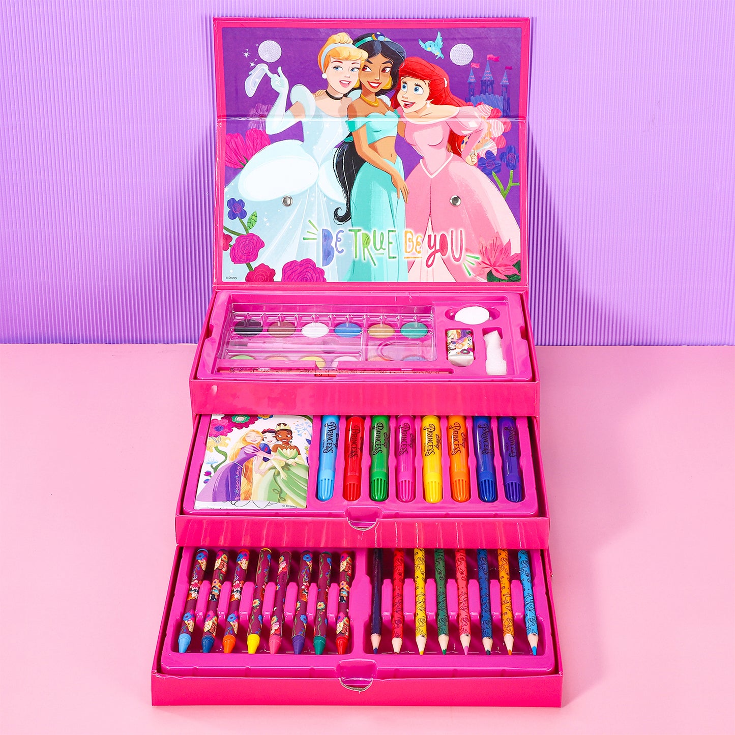 Disney Princess 52pc Kids Colouring Art Stationery Set with Watercolour Felt Tip Pens Crayons and Pencils Travel Set for Children