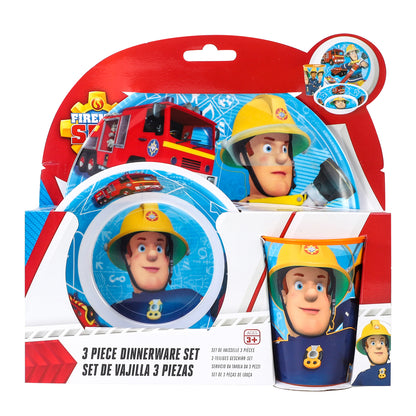 Fireman Sam Kids Childrens BPA Free 3pcs Breakfast Lunch Dinner Set Plate, Bowl & Cup