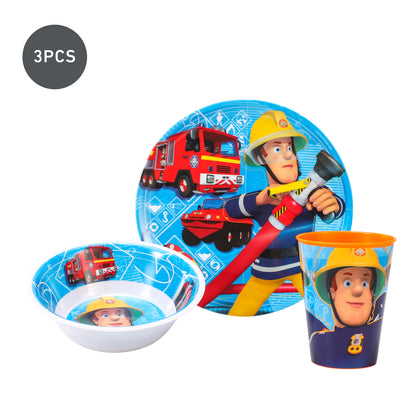 Fireman Sam Kids Childrens BPA Free 3pcs Breakfast Lunch Dinner Set Plate, Bowl & Cup