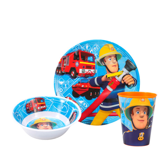 Fireman Sam Kids Childrens BPA Free 3pcs Breakfast Lunch Dinner Set Plate, Bowl & Cup