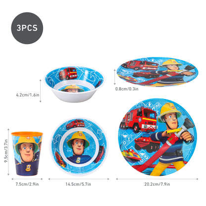 Fireman Sam Kids Childrens BPA Free 3pcs Breakfast Lunch Dinner Set Plate, Bowl & Cup