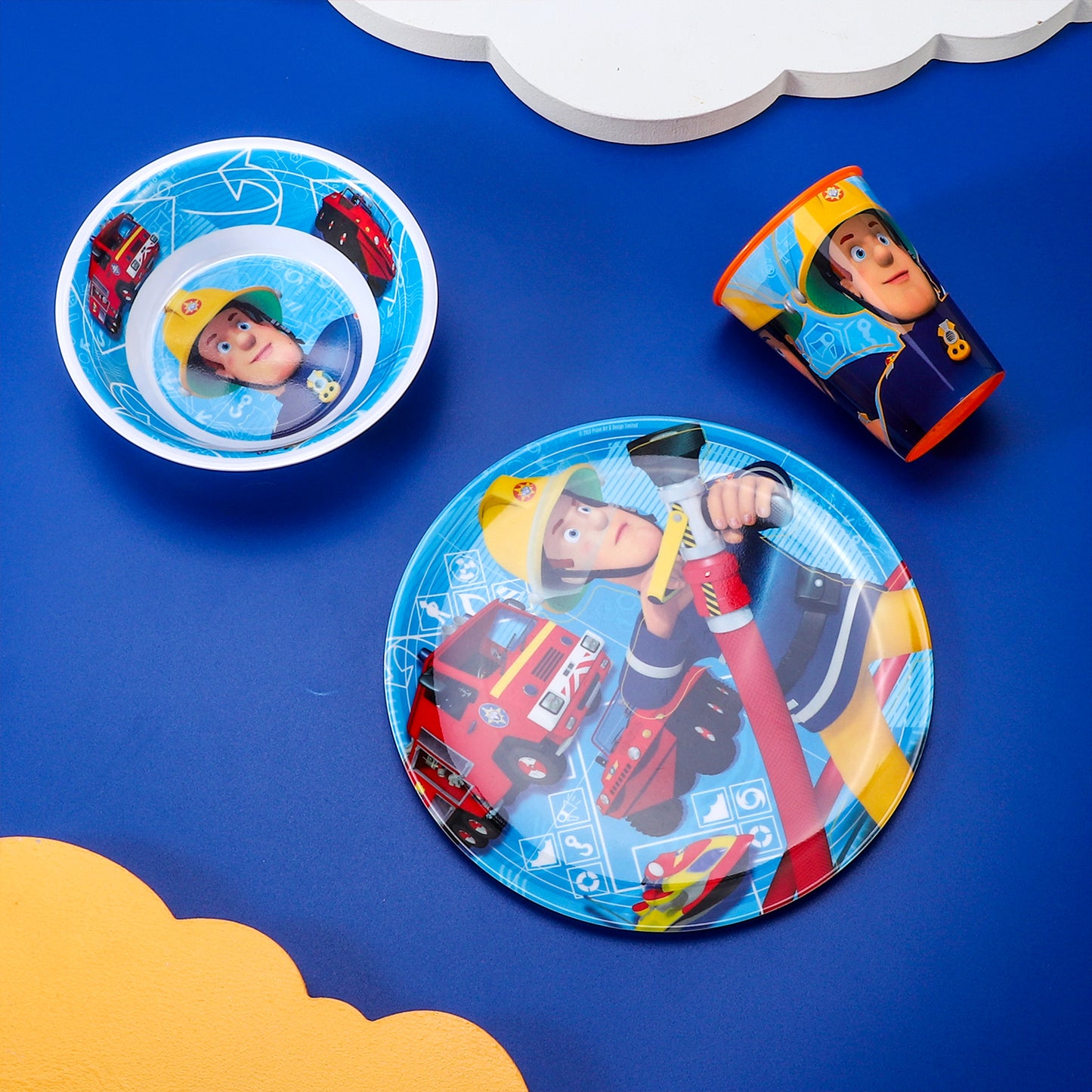 Fireman Sam Kids Childrens BPA Free 3pcs Breakfast Lunch Dinner Set Plate, Bowl & Cup