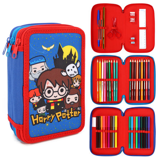 Harry Potter 3 Tier Large Pencil Case Multi Compartment School Supplies Stationery Colouring Pens Pencils Sets, Blue