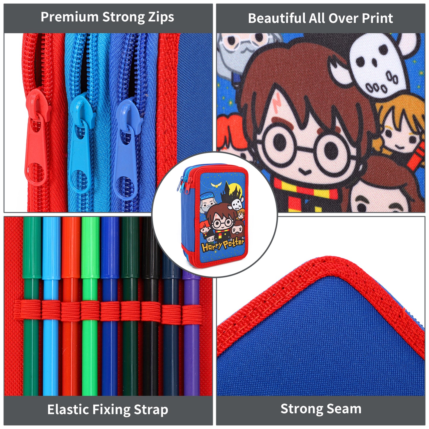 Harry Potter 3 Tier Large Pencil Case Multi Compartment School Supplies Stationery Colouring Pens Pencils Sets, Blue