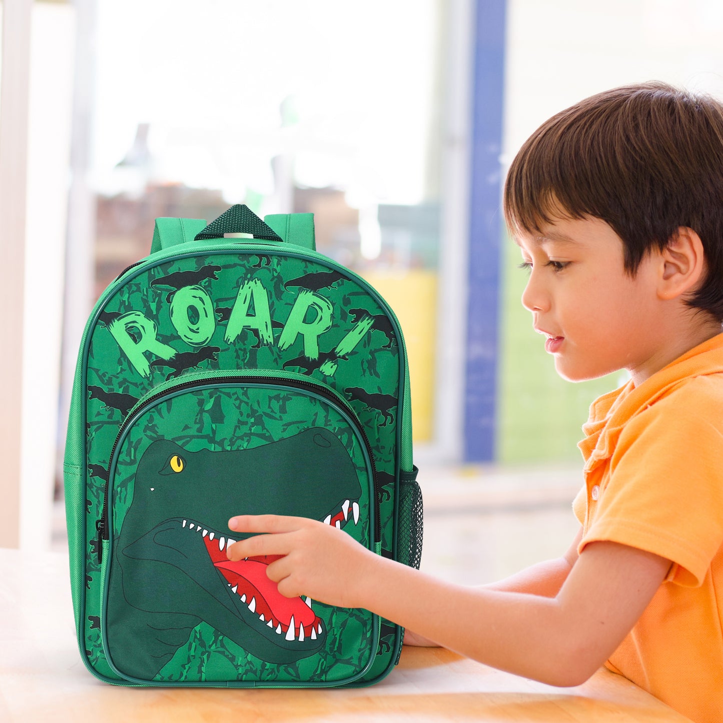 Dinosaur Green Kids Childrens Backpack School Rucksack Travel Bag Boys Girls with side mesh pocket Boys Girls