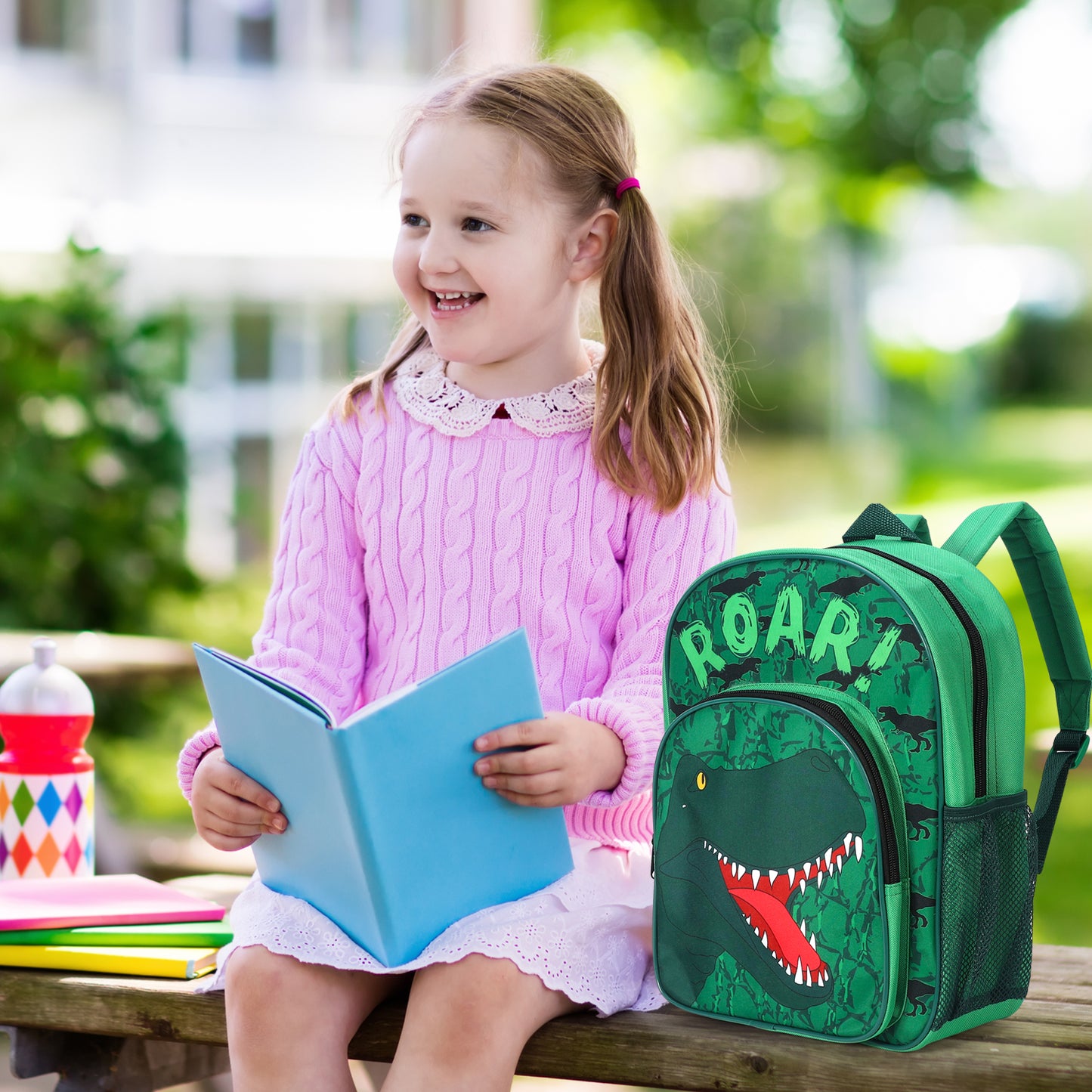 Dinosaur Green Kids Childrens Backpack School Rucksack Travel Bag Boys Girls with side mesh pocket Boys Girls