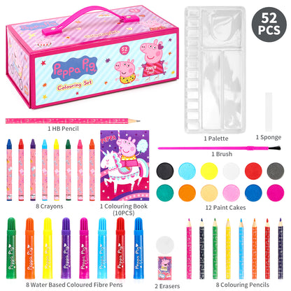 Peppa Pig 52pc Kids Colouring Sets with Watercolor Felt Tip Pens Crayons and Pencils Travel Set for Children