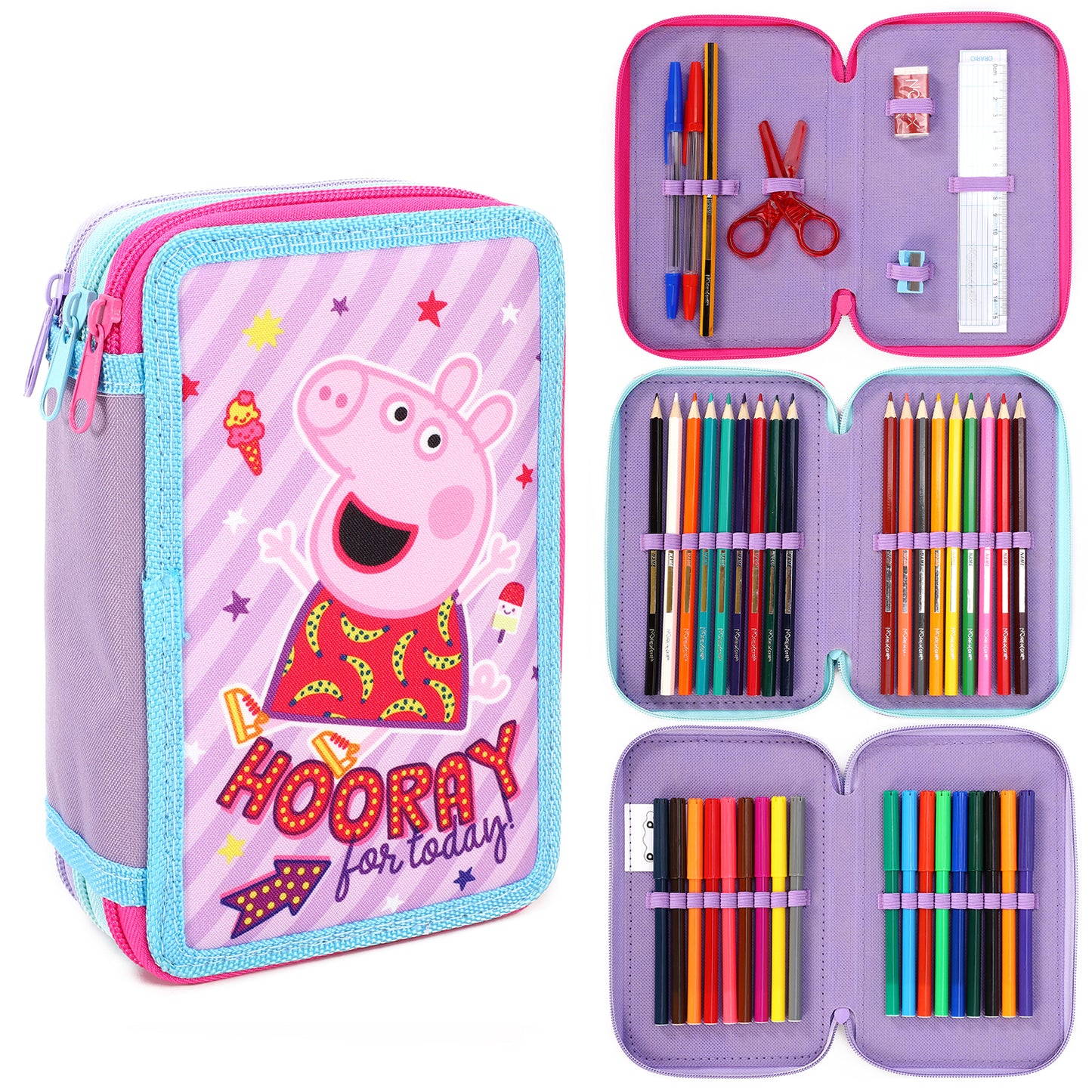 Peppa Pig 3 Tier Large Pencil Case Multi Compartment School Supplies Stationery Colouring Pens Pencils Sets, Blue