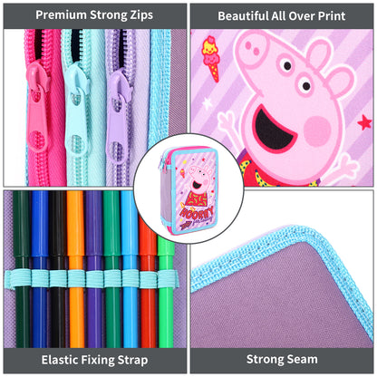 Peppa Pig 3 Tier Large Pencil Case Multi Compartment School Supplies Stationery Colouring Pens Pencils Sets, Blue