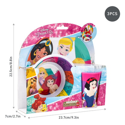 Disney Princess Kids Childrens BPA Free 3pcs Breakfast Lunch Dinner Set Plate, Bowl & Cup