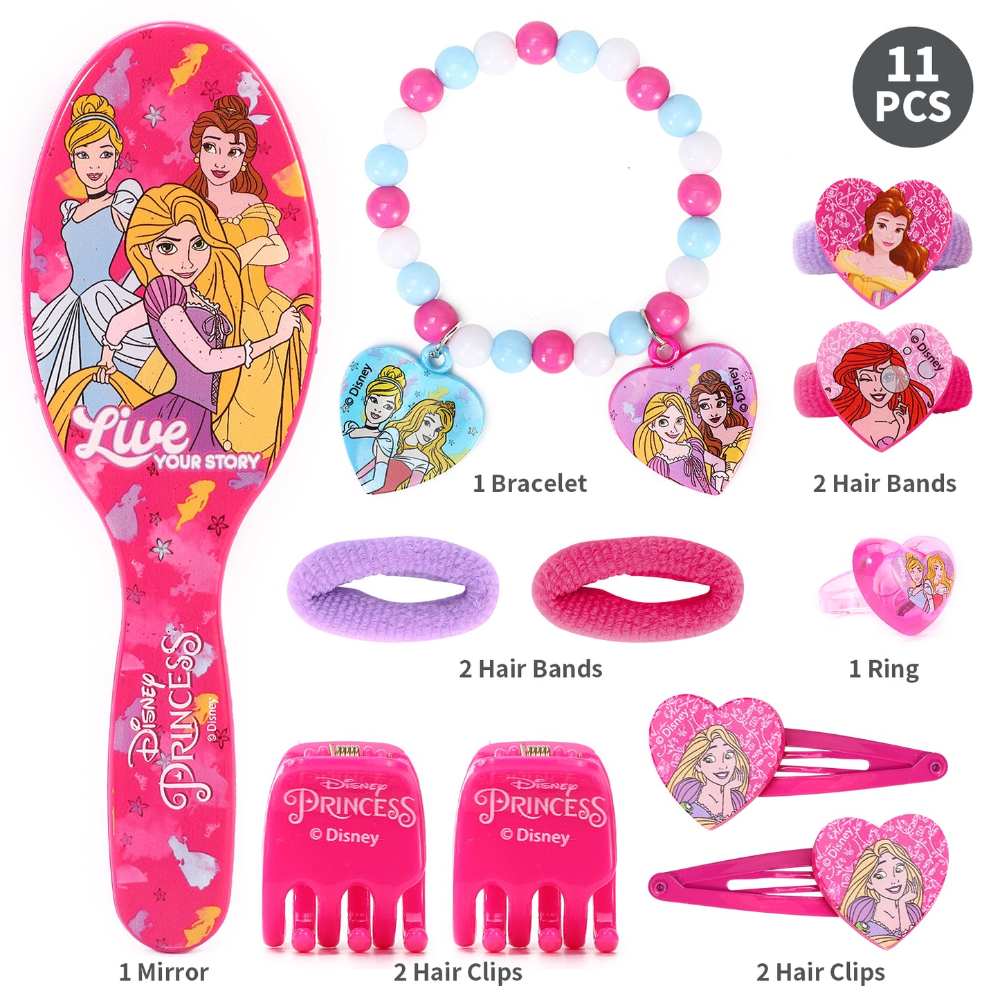 Disney Princess Girl 11pcs Girls Kids Hair Accessories Clips Comb Bands and Beauty Set