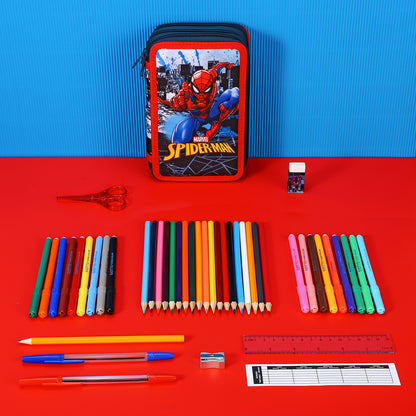 Spiderman 3 Compartments School Pencil Case | Includes All School Supplies Necessary for Preschool and Elementary - Official Marvel Licensed